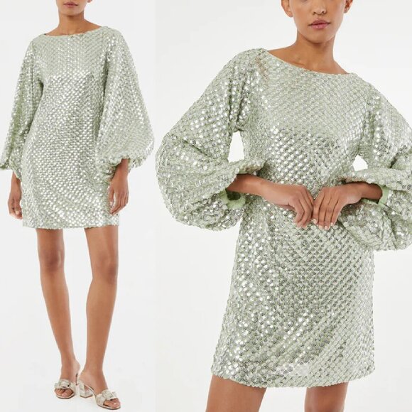 NWT $695 RHODE BENJI SEQUIN EMBELLISHED SAGE & SILVER MINI DRESS - Picture 1 of 6